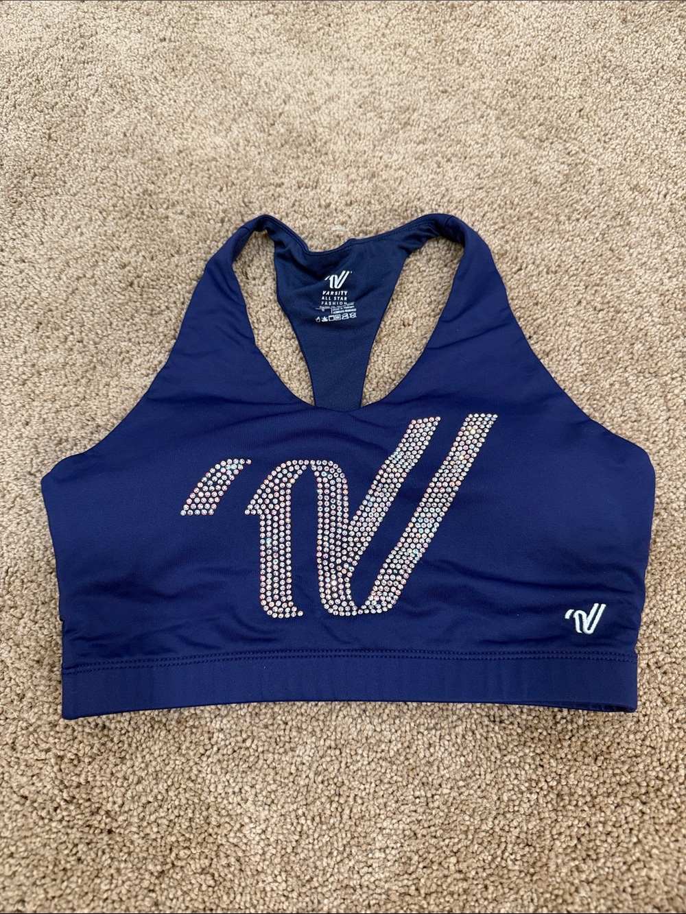 Varsity Navy Rhinestone Logo Racerback Sports Bra